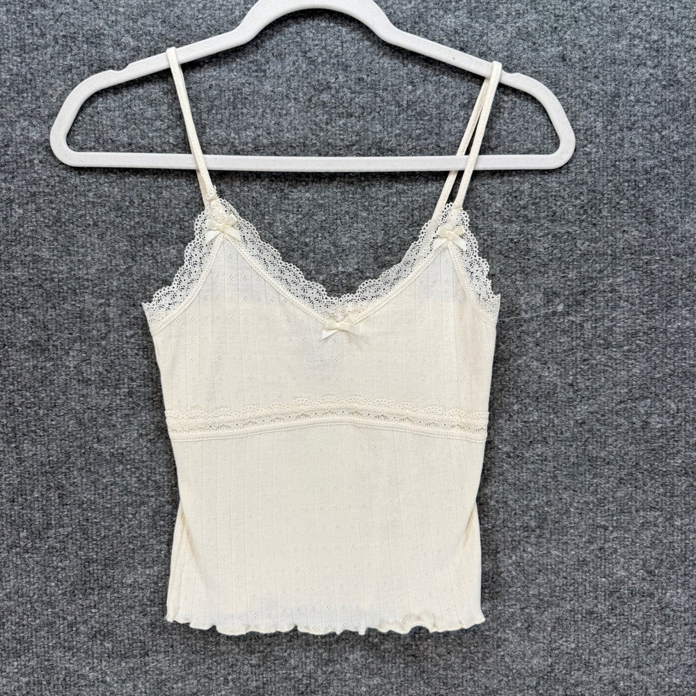 Just Polly Camisole Top Womens XS Cream Lace Trim Bow Pointelle Y2K Vintage